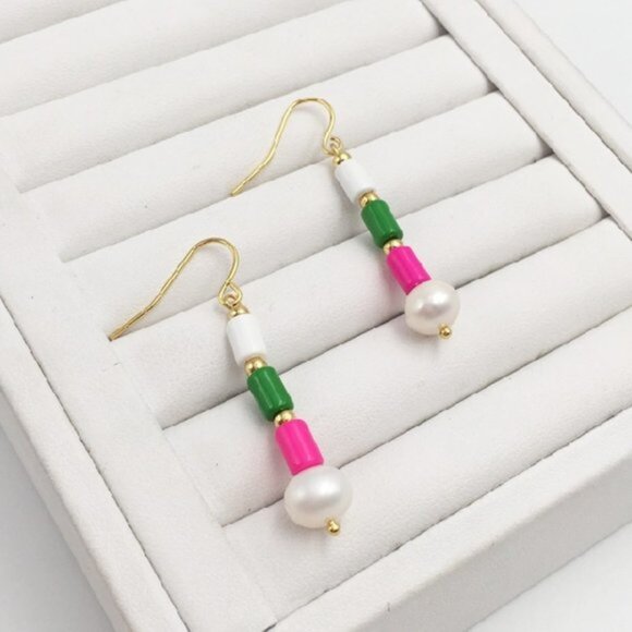 4/$25 Multicolored Enamel U Tube Beads Freshwater Pearl Drop Earrings - Picture 1 of 1